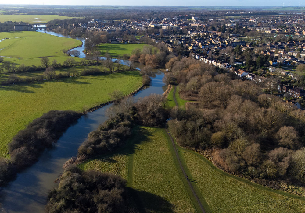 Sky view of canal through Huntingdonshire
